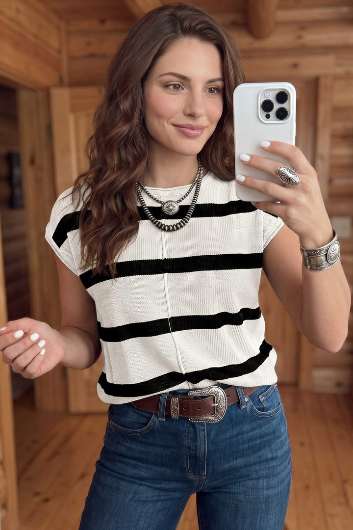 Rose Stripe Knit Western Short Sleeve Sweater