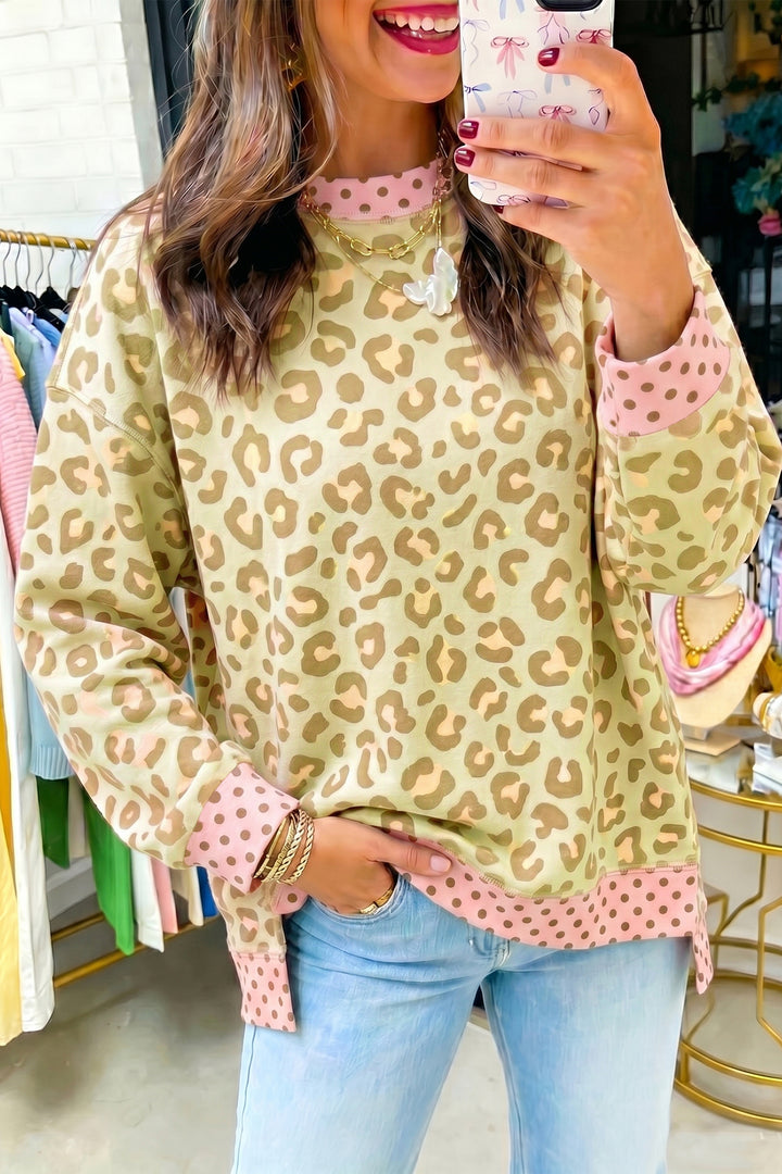 Khaki Leopard Polka Dot Colorblock Trim Long Sleeve Top