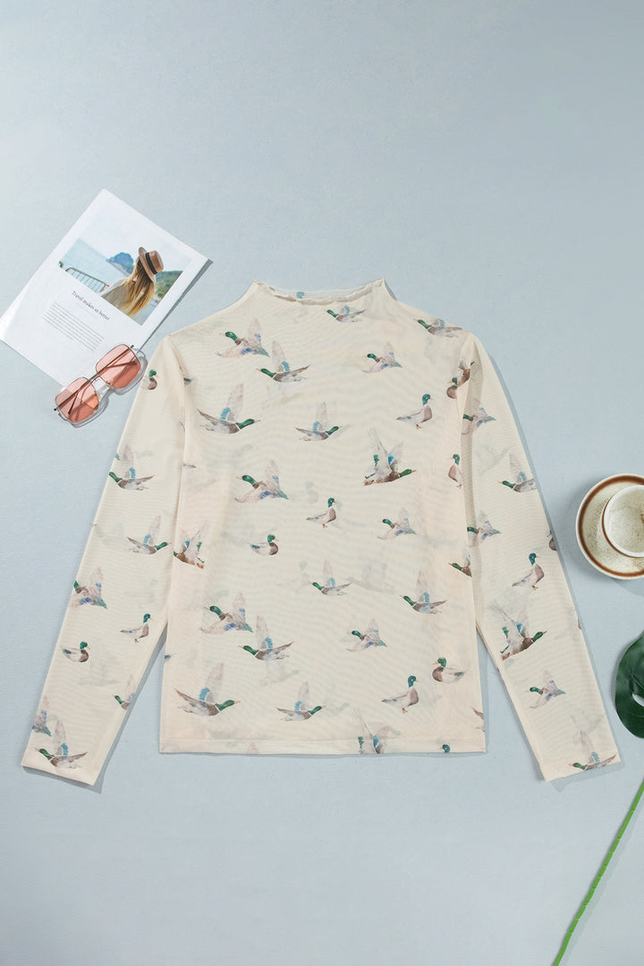 Beige Mesh Duck Print Tunic Long Sleeve Plus Size Blouse