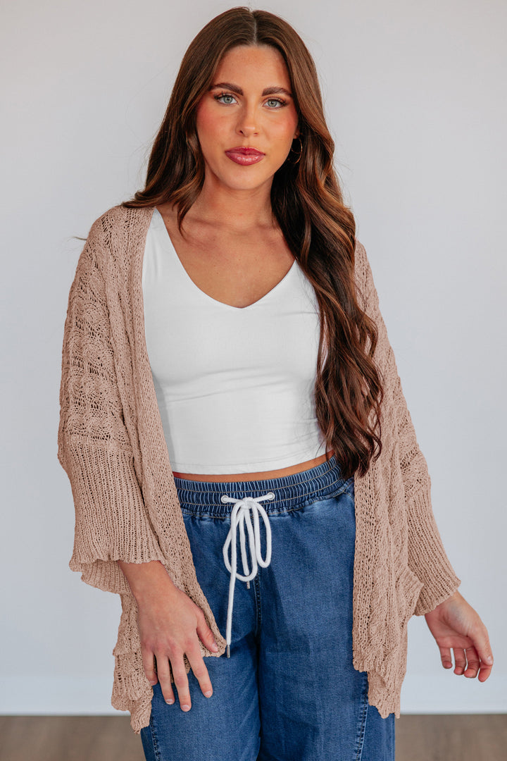 Old Rose Hollowed Pattern Knit Drop Shoulder Open Sweater Cardigan
