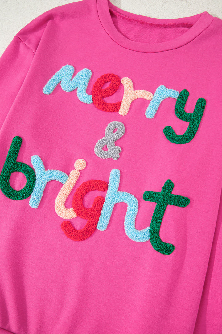 Rose Red Merry & Bright Christmas Letter Graphic Sweatshirt