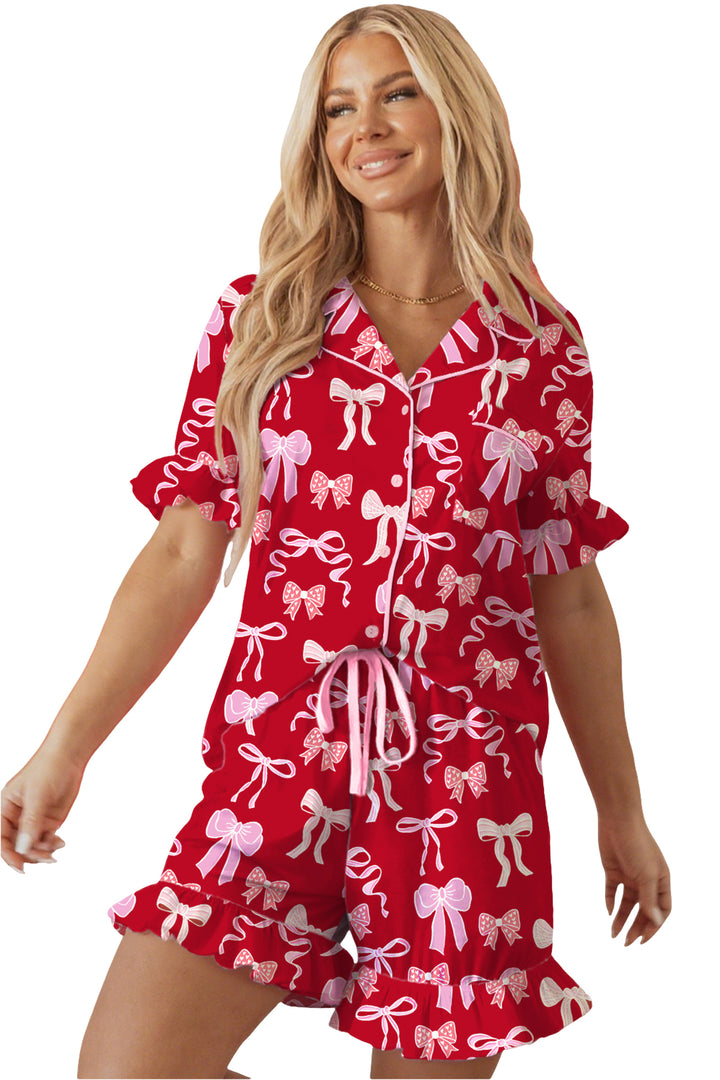 Red Sweet Bow Print Ruffled Short Sleeve Shirt Shorts 2pcs Pajama Set