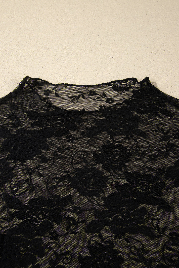 Black Plus Size Floral Mesh Long Sleeve Top