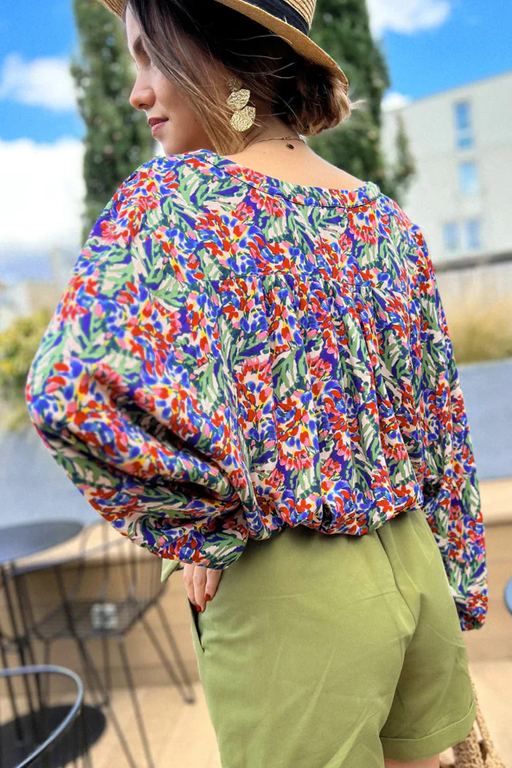 Multicolor Floral Balloon Sleeve Loose Blouse