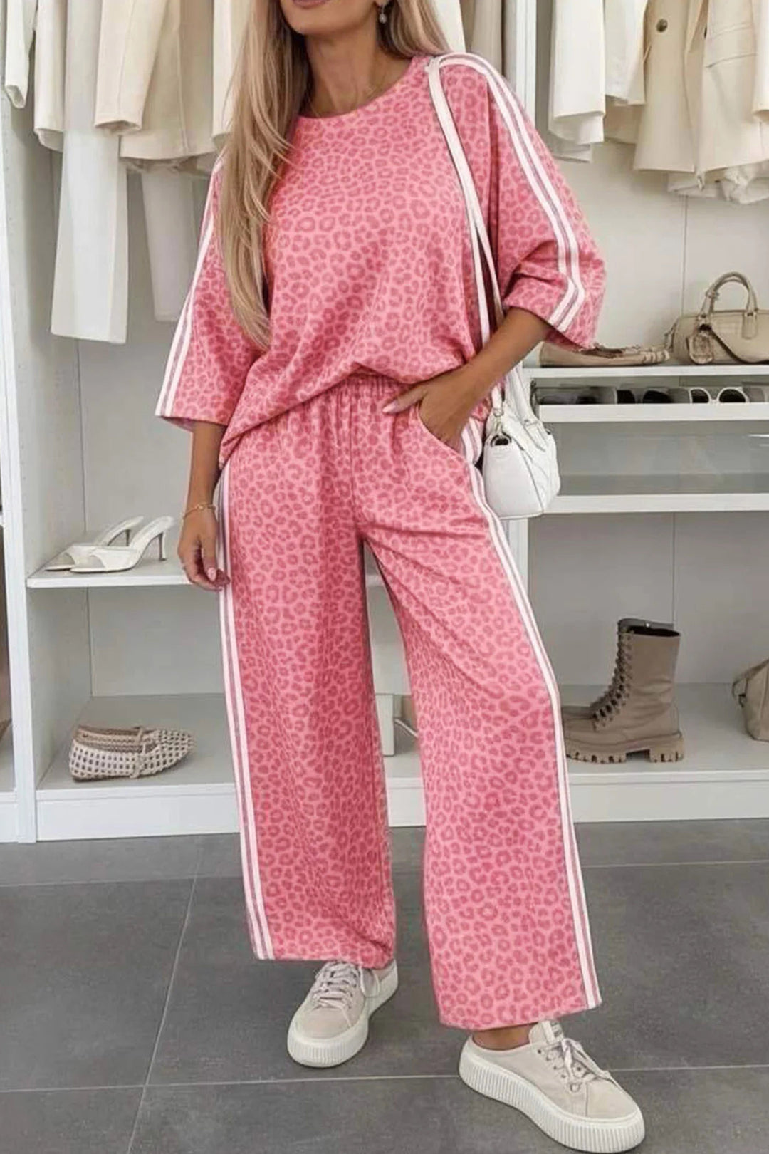 Gray Leopard Print Varsity Striped Detail 3/4 Sleeve Top Shift Pant Set