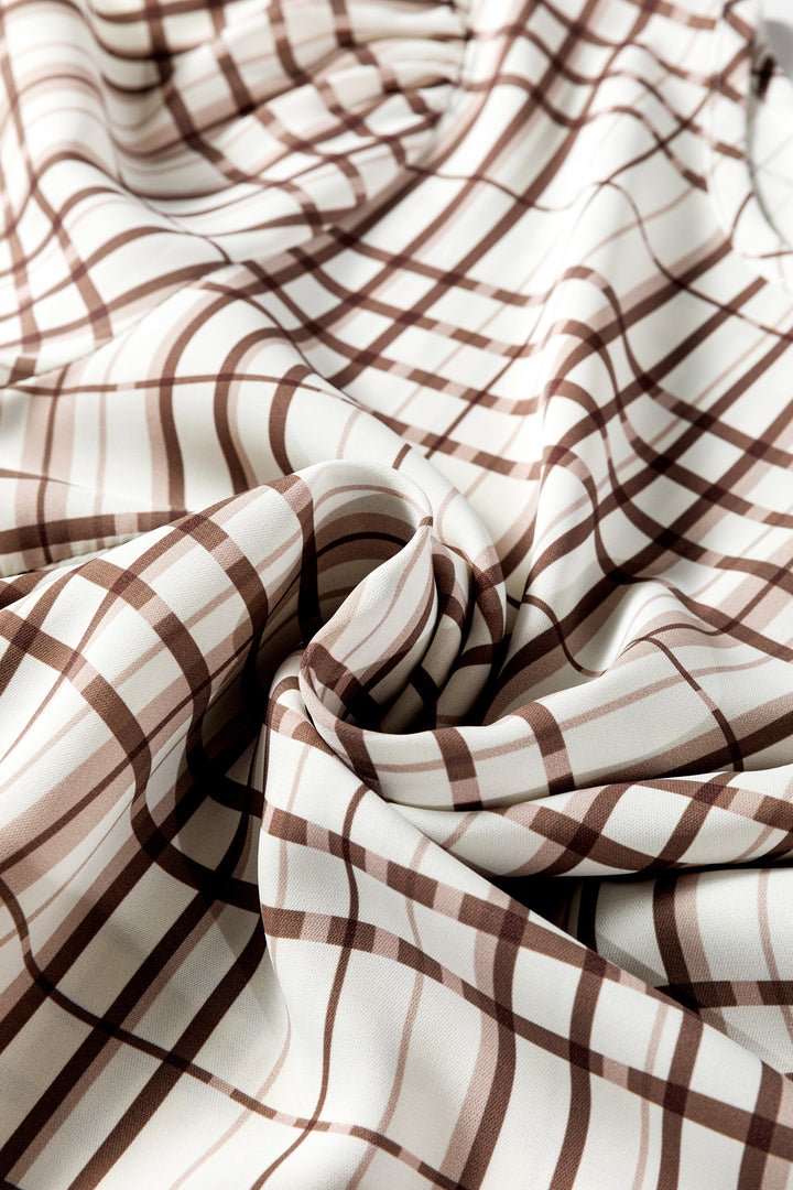 White Plaid Print Frilled Puffy Half Sleeve Blouse