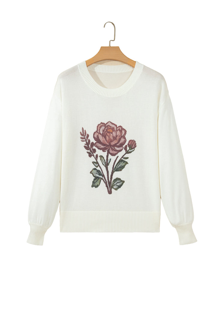 White Western Floral Dropped Shoulder Lightweight Knit Sweater