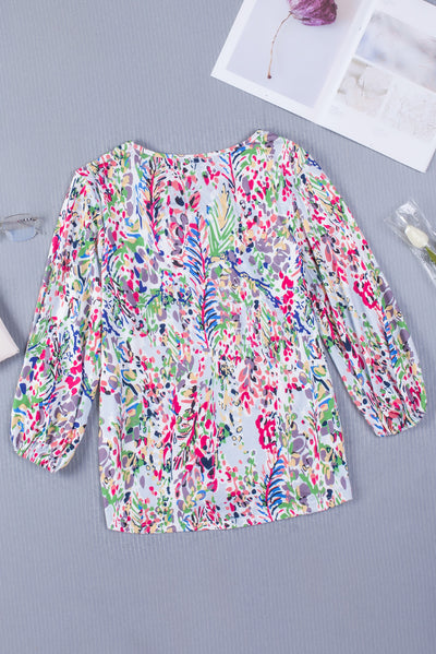 Green Floral Print Puffy Sleeve Loose Blouse