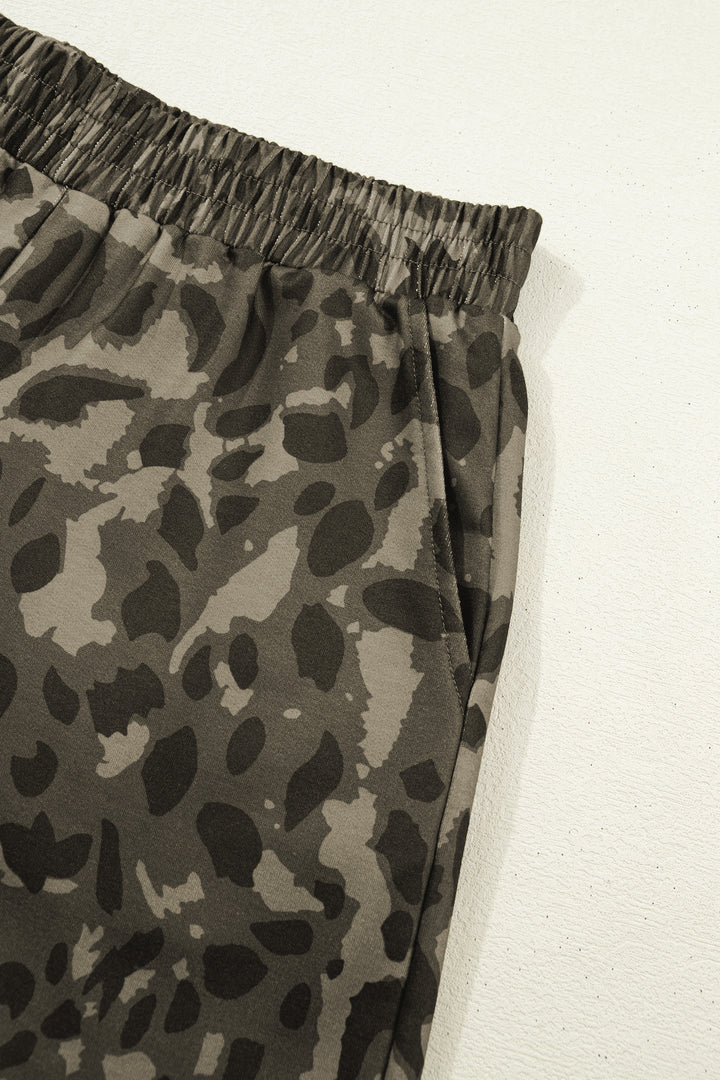 Brown Leopard Print Crew Neck Short Set