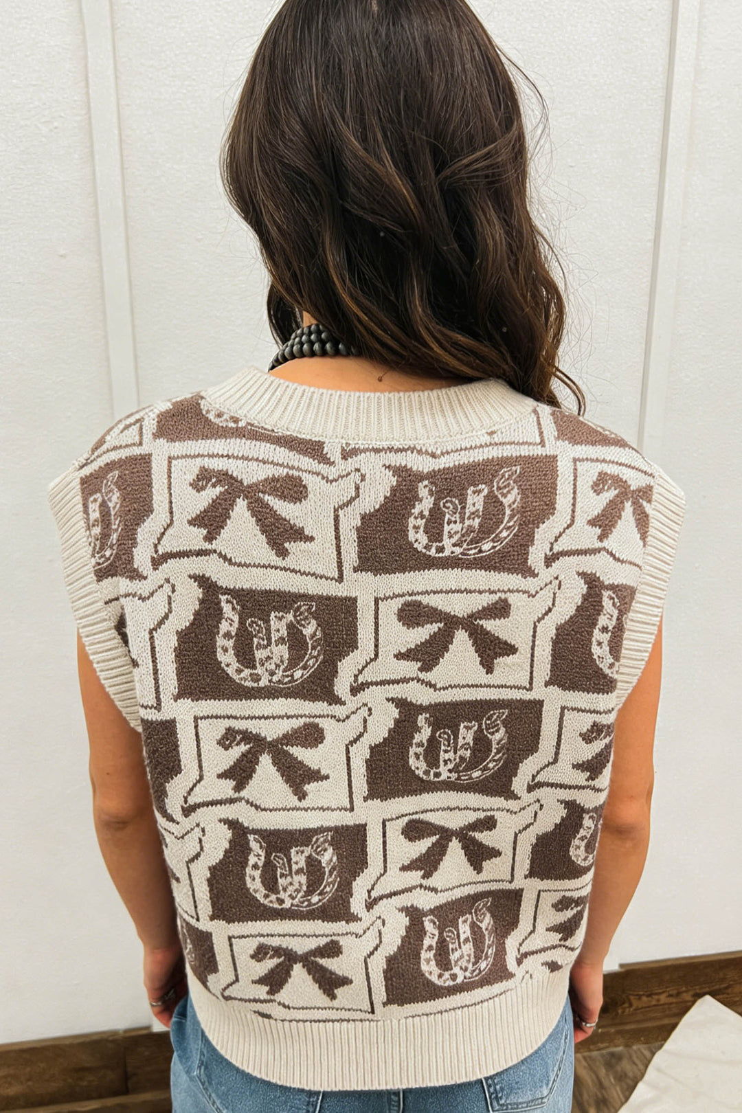 Brown Western Horseshoe Bow Printed V Neck Loose Sweater Vest