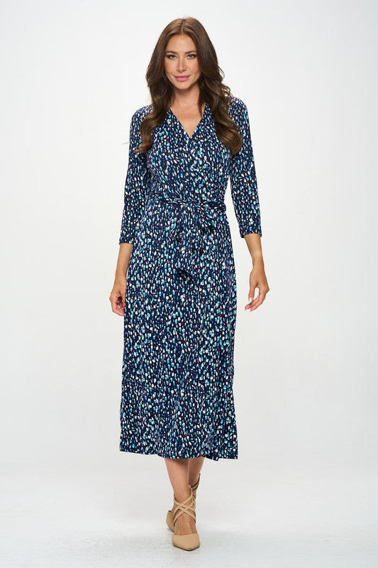 Brushed Knit Print V neck Jersey Wrap Maxi Dress with Tie-1