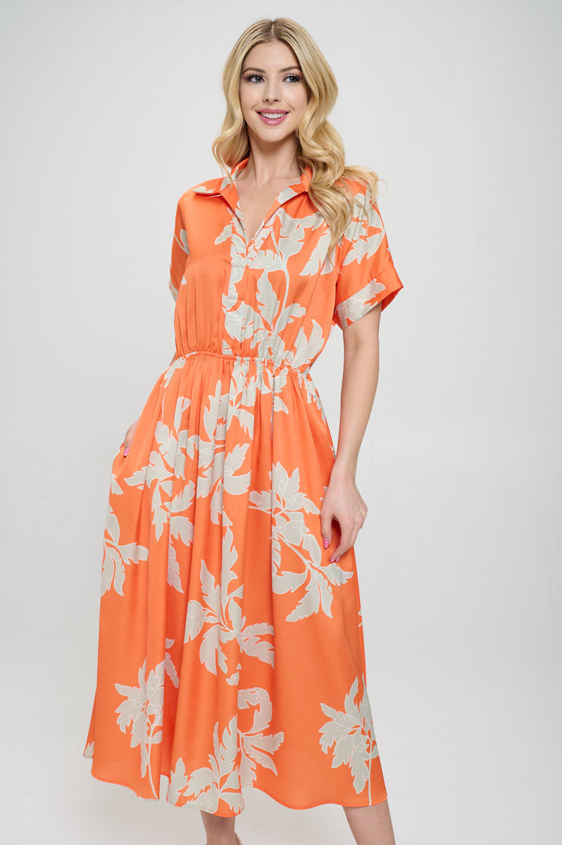 Flower Print Collared V neck Dress with Pockets