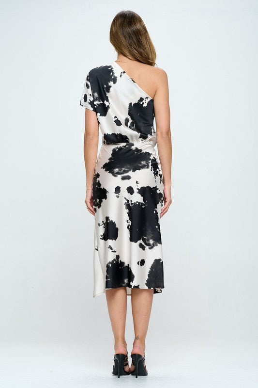 Cow Print Stretch Satin One Shoulder Dress