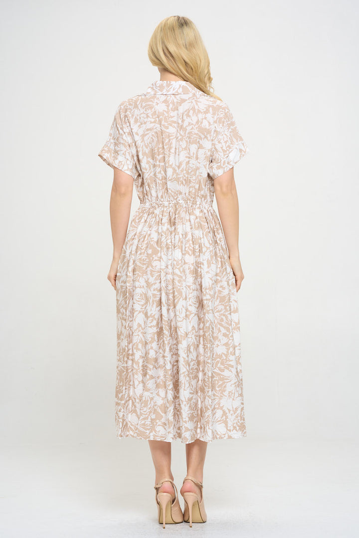 Flower Print Collared V neck Dress with Pockets