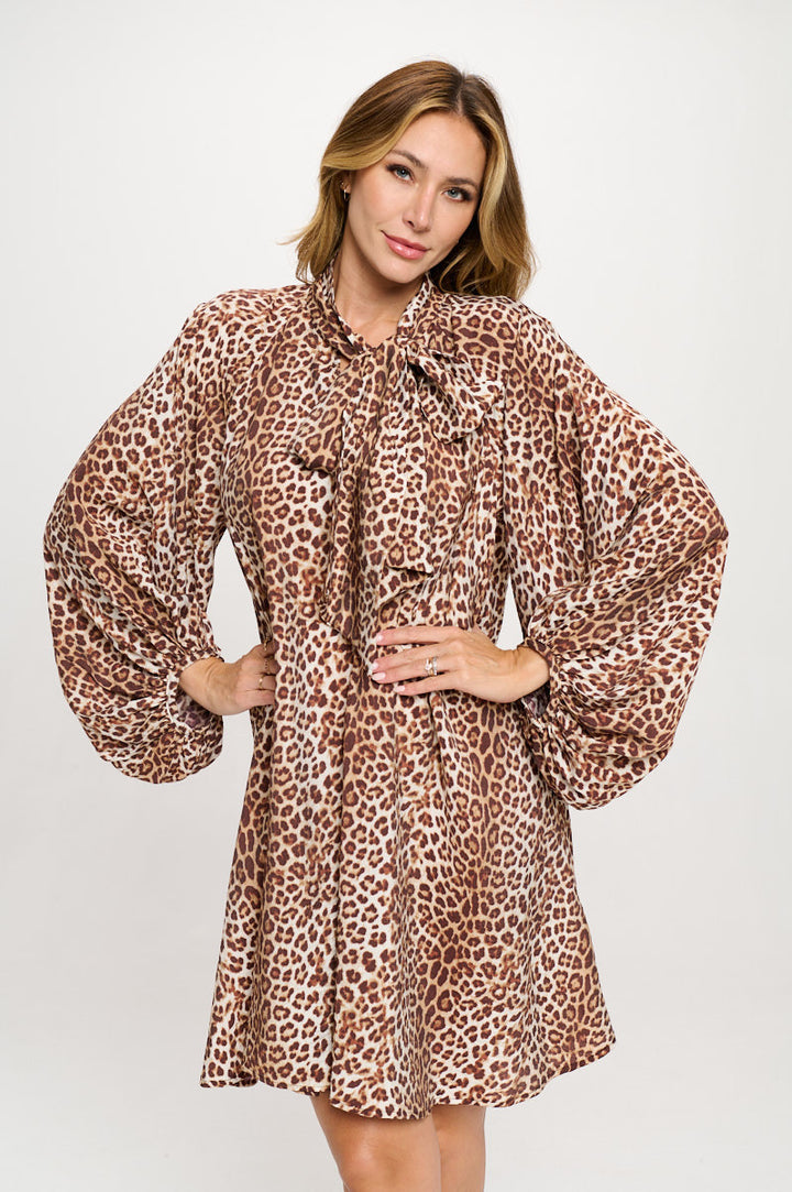 Leopard Print Puff Sleeve Dress with Front Neck Tie Detail