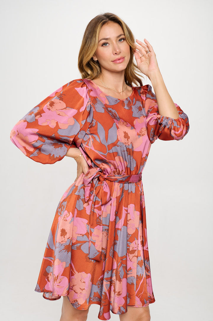 Floral Print Puff Sleeve Dress with Tie