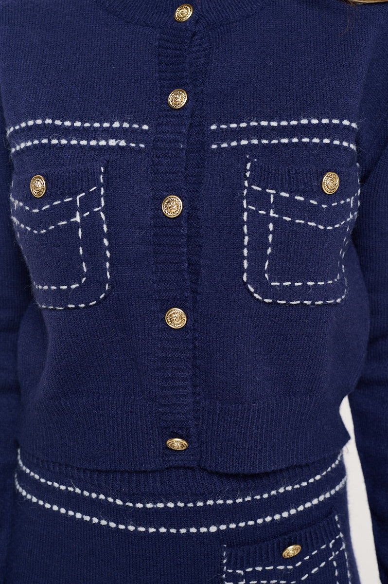 Knit Long Sleeve Cardigan Top with Stitching and Skirt Set