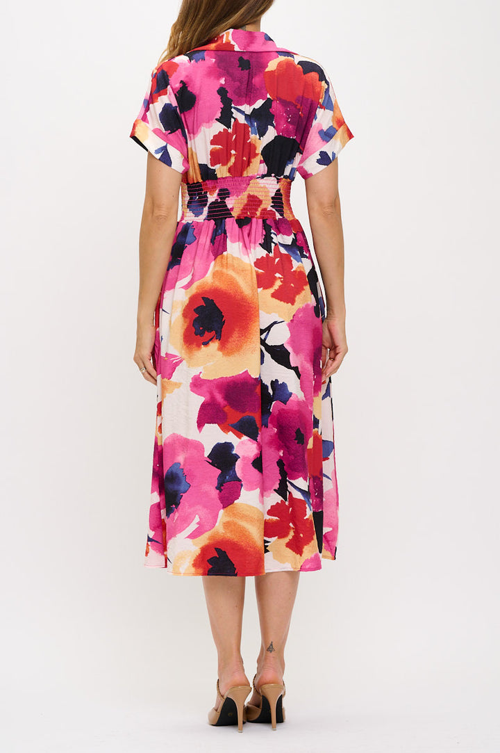 Floral Print V neck Collared Dress with Smock Waist Detail