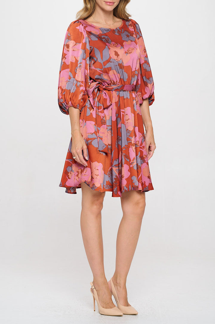 Floral Print Puff Sleeve Dress with Tie