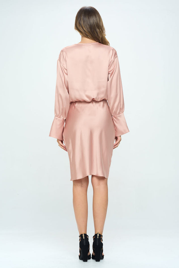 Stretch Satin Cowlneck Dress w/ Asymmetrical Hem