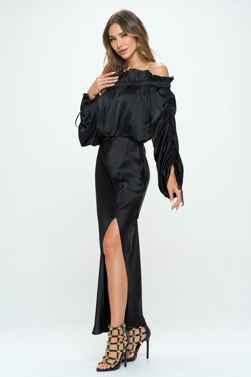 Satin Offshoulder Dress w/ Ruched Sleeve and Slit