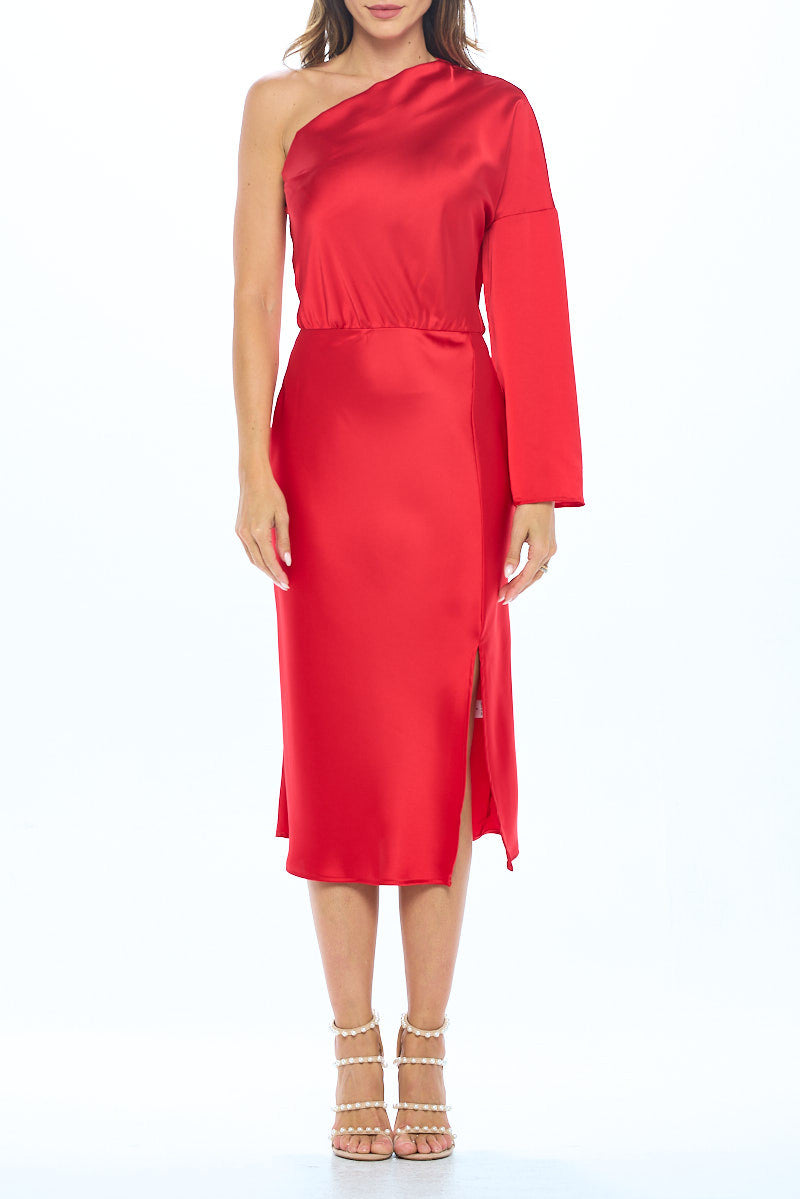 Stretch Satin One Shoulder Long Sleeve Dress