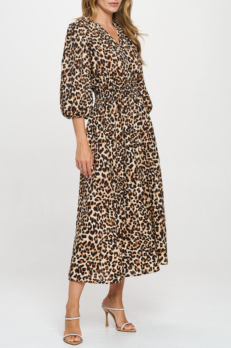 Animal Print V neck Dress with Smock Waist