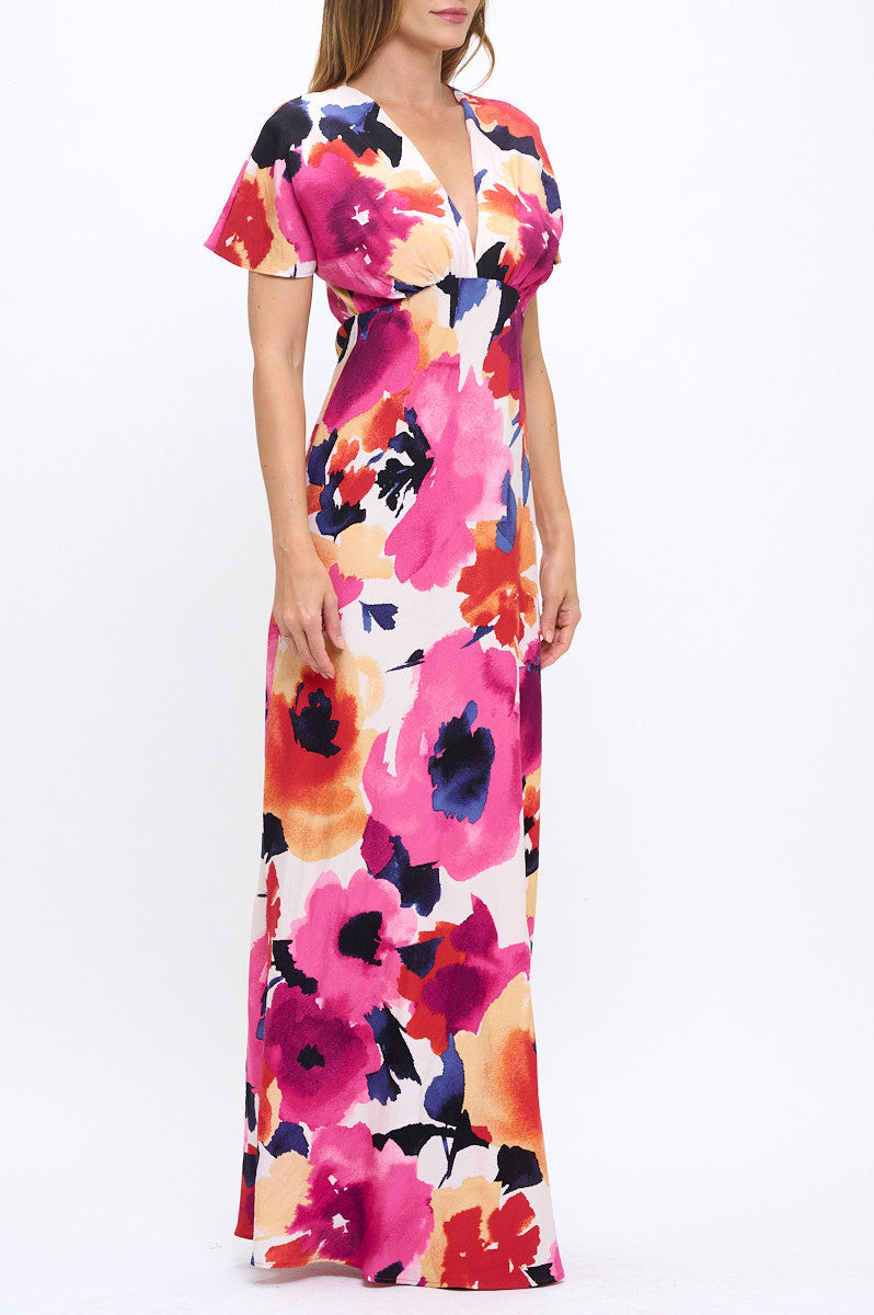 Floral Print Deep V neck Kimono Style Maxi Dress