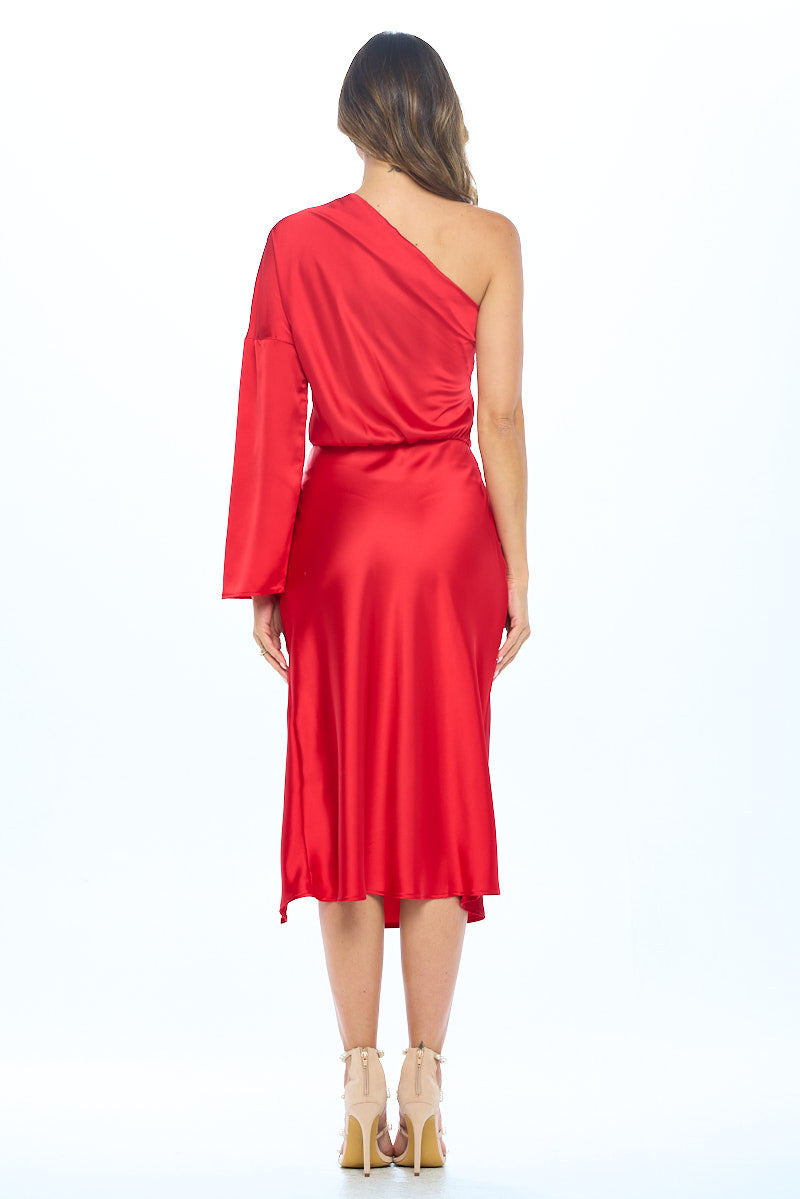 Stretch Satin One Shoulder Long Sleeve Dress
