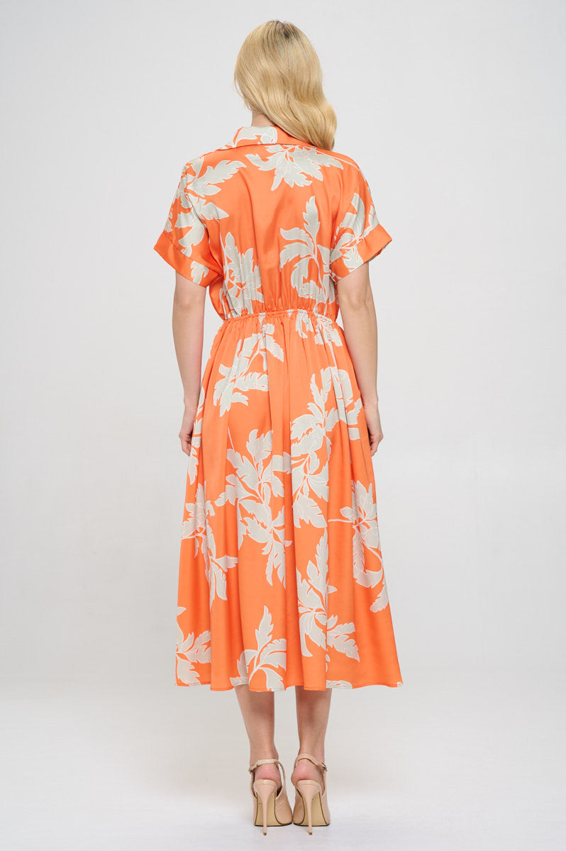 Flower Print Collared V neck Dress with Pockets