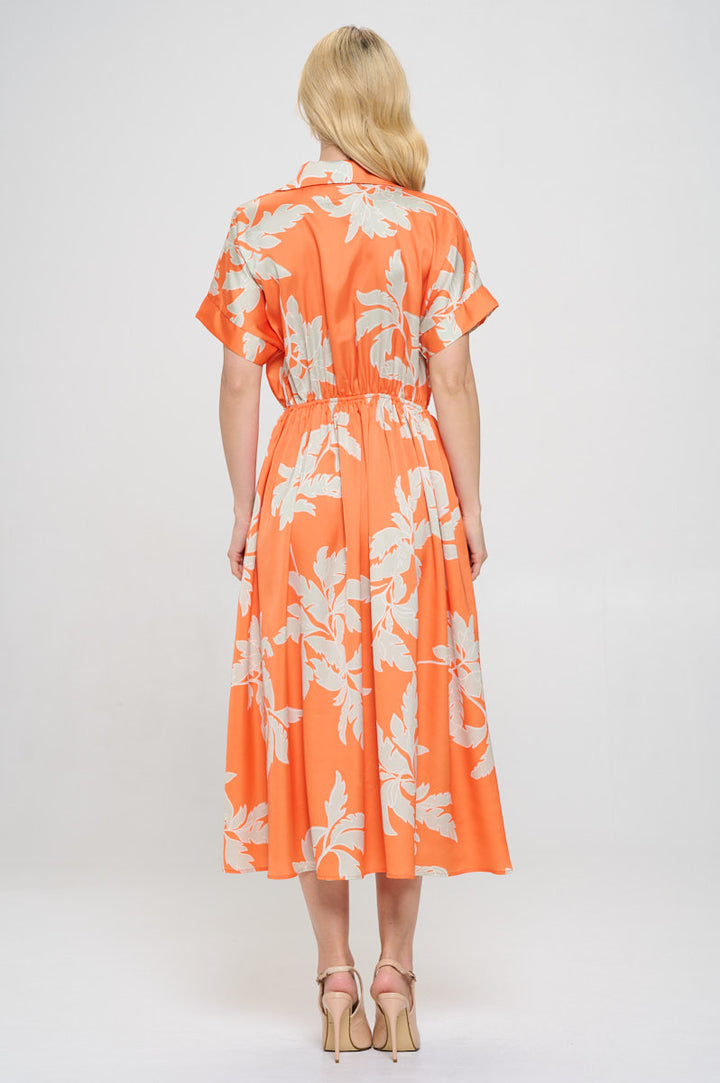 Flower Print Collared V neck Dress with Pockets