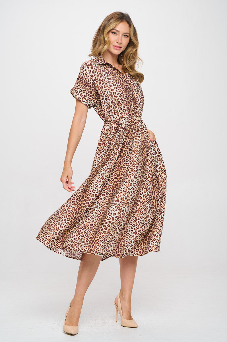 Animal Print Collared V neck Dress with Pockets