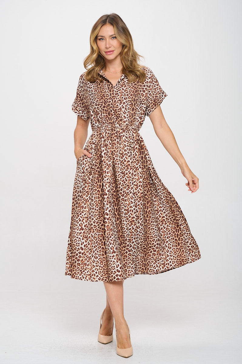 Animal Print Collared V neck Dress with Pockets