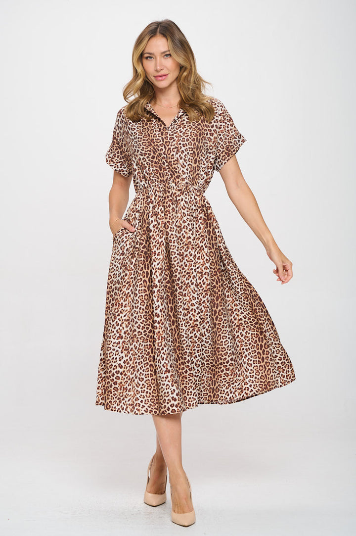 Animal Print Collared V neck Dress with Pockets