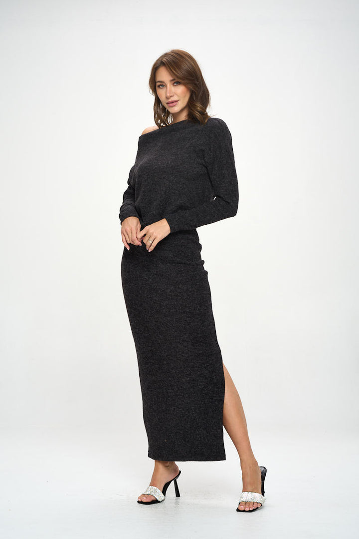 Knit Charcoal Maxi Dress with Dolman Sleeve