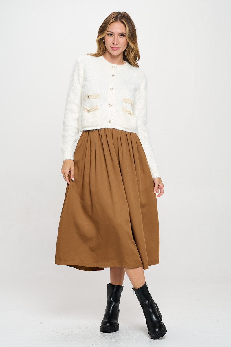 Fuzzy Long Sleeve Cardigan with Two Pockets Detail and Buttons