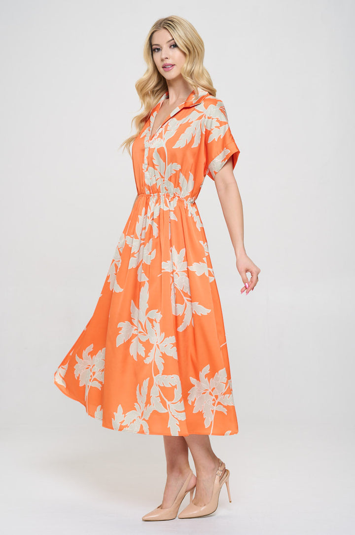 Flower Print Collared V neck Dress with Pockets