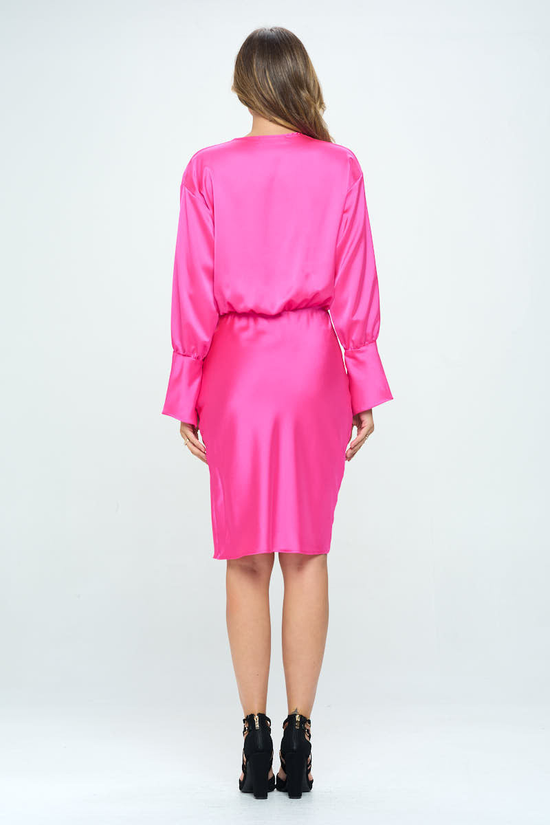 Stretch Satin Cowlneck Dress w/ Asymmetrical Hem