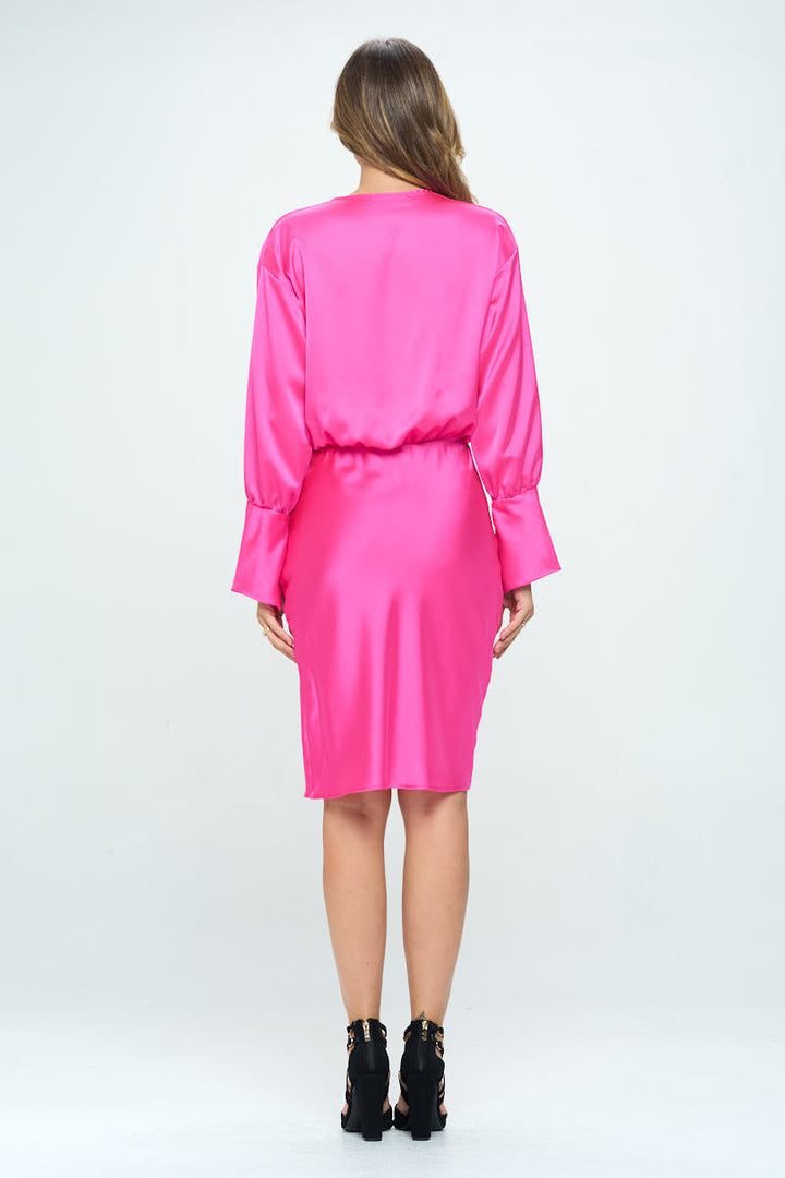 Stretch Satin Cowlneck Dress w/ Asymmetrical Hem