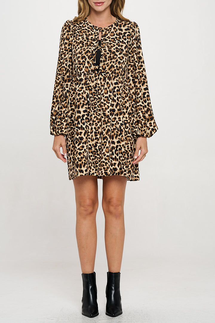 Leopard Print Long Puff Sleeve Dress with Front Tie Detail