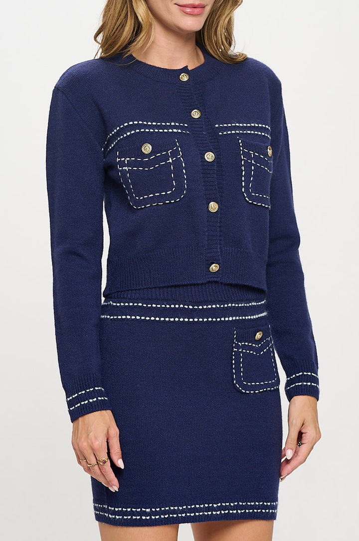Knit Long Sleeve Cardigan Top with Stitching and Skirt Set