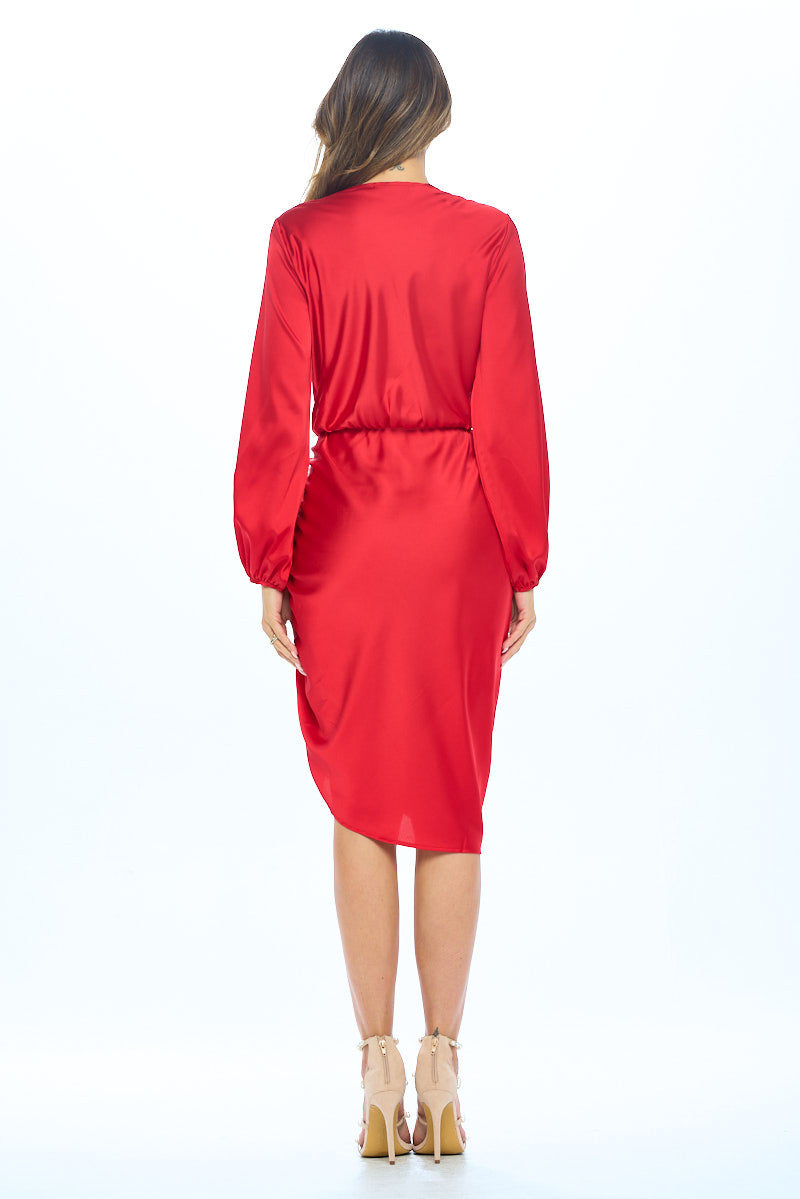Stretch Satin Dress with Ruched Asymmetrical Hem