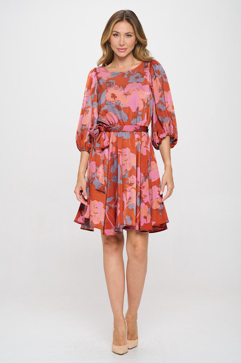 Floral Print Puff Sleeve Dress with Tie