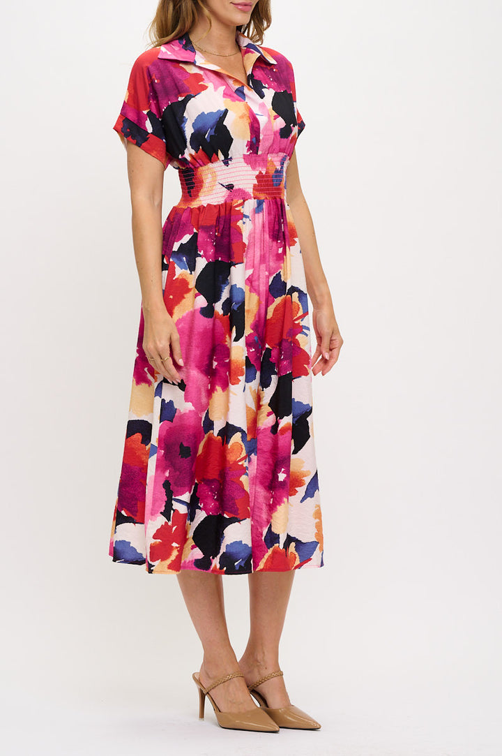 Floral Print V neck Collared Dress with Smock Waist Detail