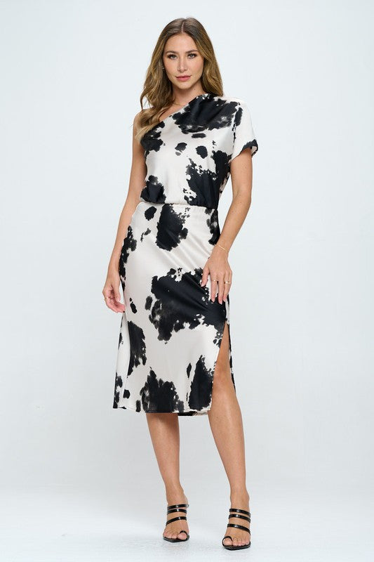 Cow Print Stretch Satin One Shoulder Dress