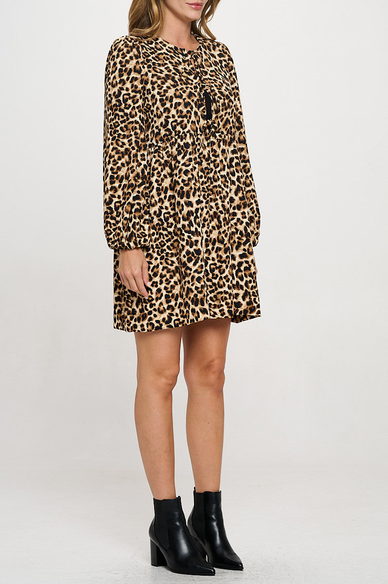 Leopard Print Long Puff Sleeve Dress with Front Tie Detail