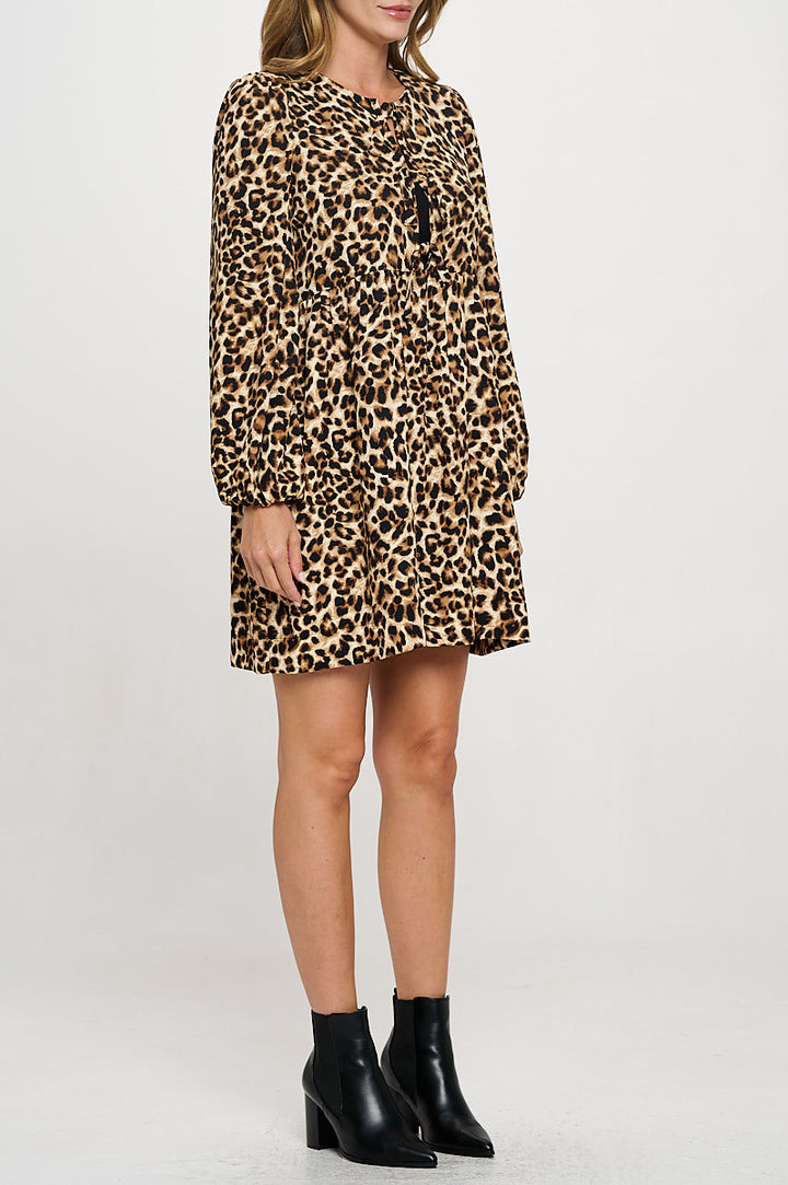 Leopard Print Long Puff Sleeve Dress with Front Tie Detail