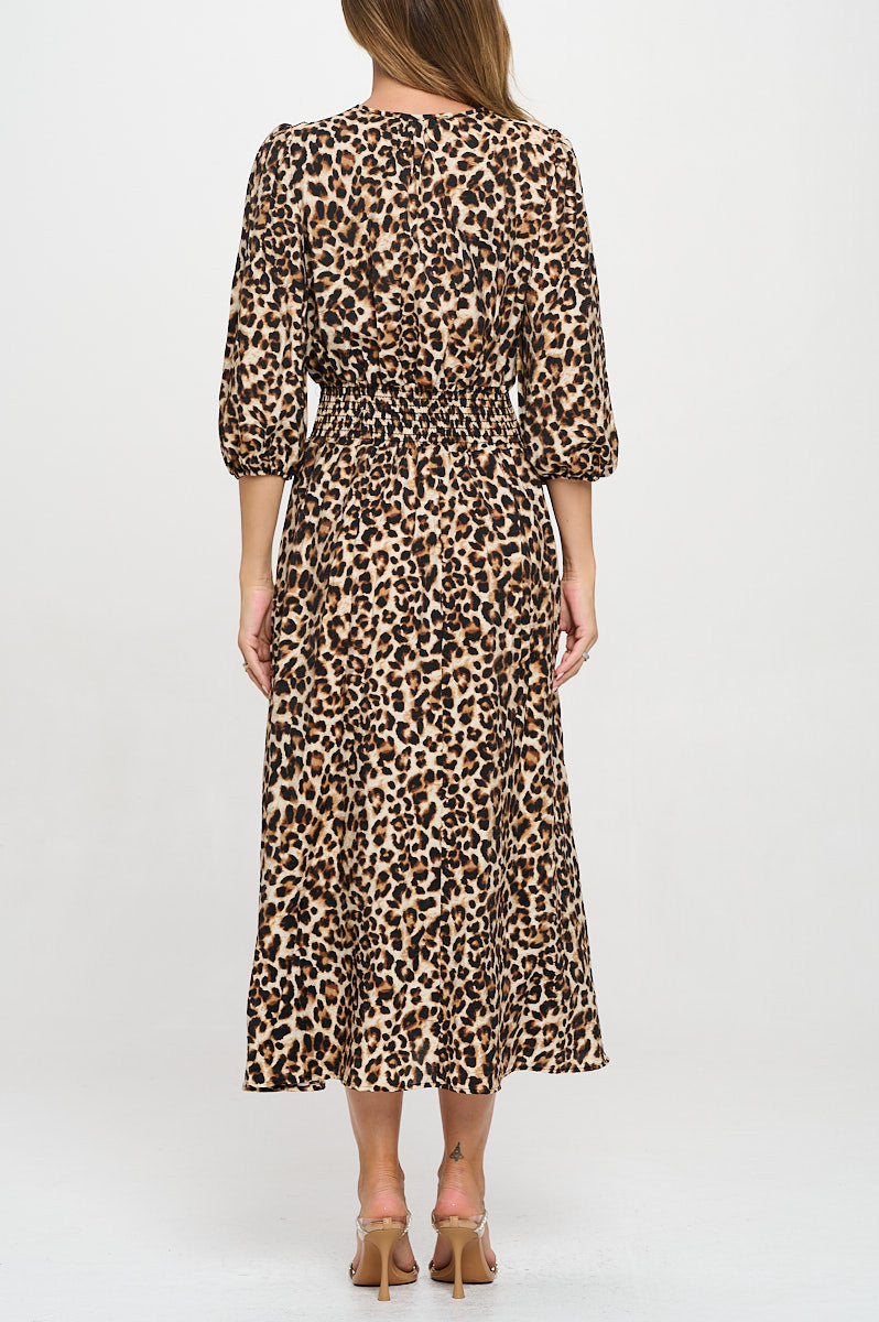 Animal Print V neck Dress with Smock Waist