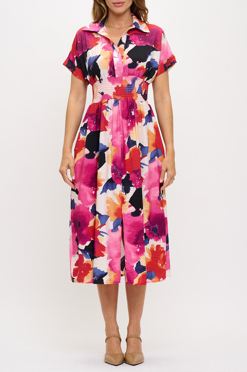 Floral Print V neck Collared Dress with Smock Waist Detail