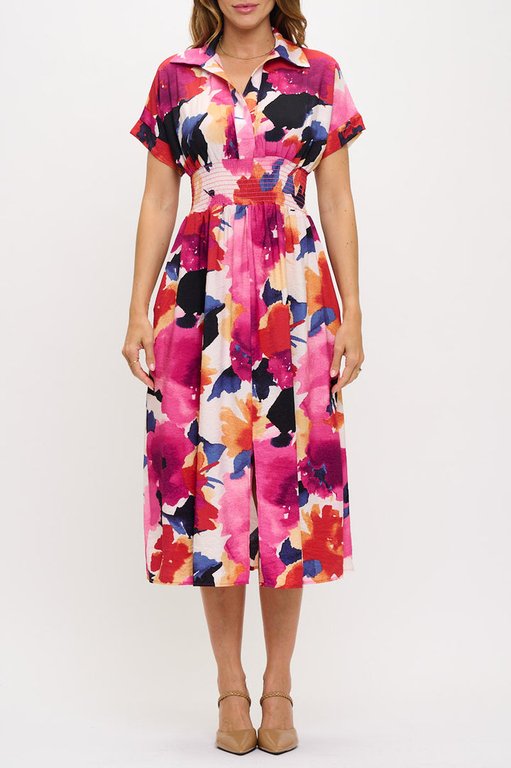 Floral Print V neck Collared Dress with Smock Waist Detail